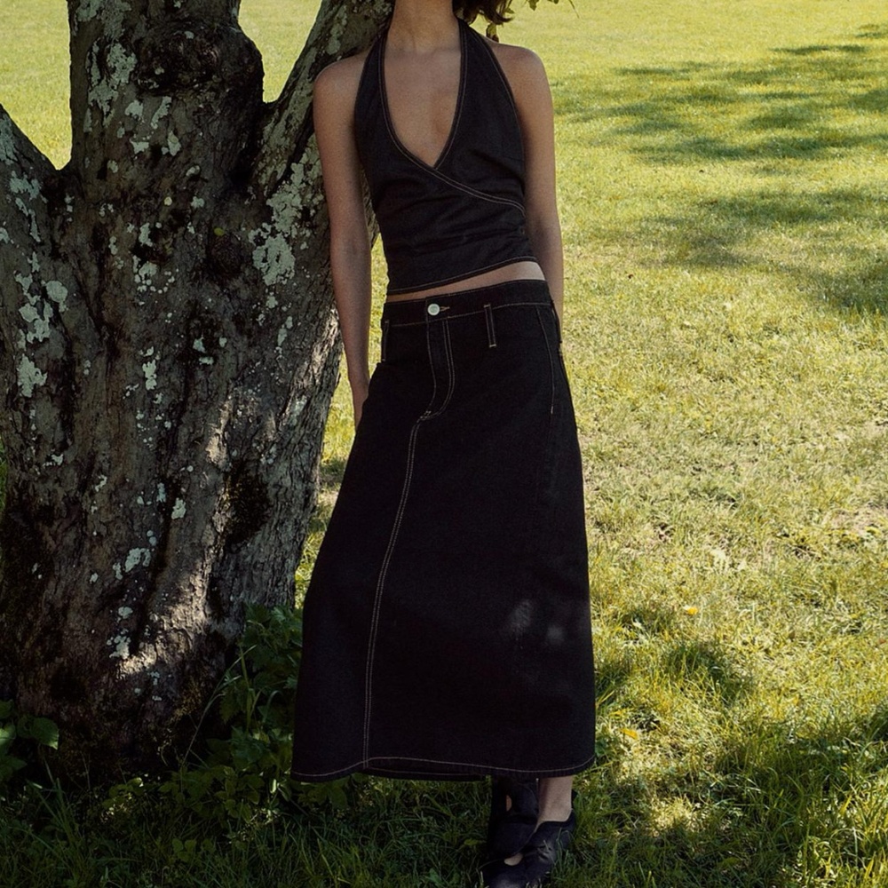 Zara black denim topstitching midi skirt